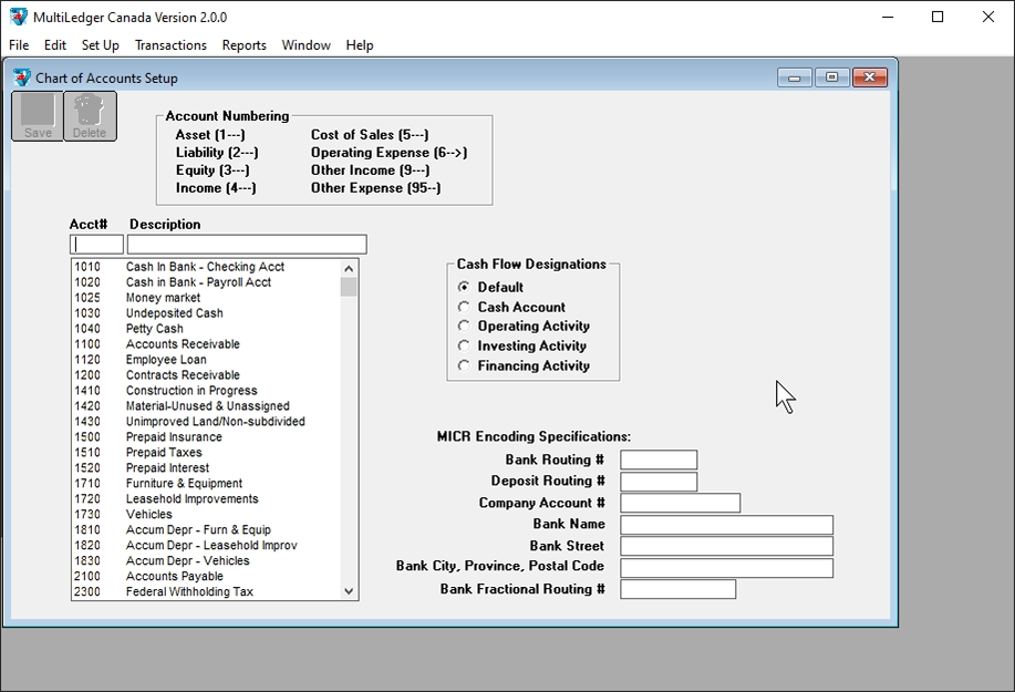 chart of accounts screen