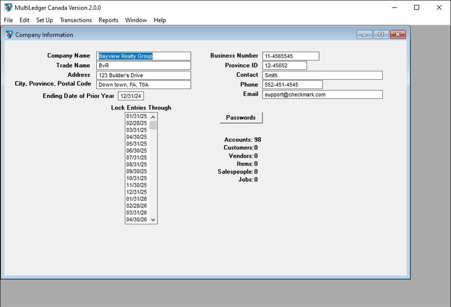 company information screen