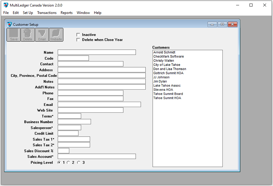 customer setup screen