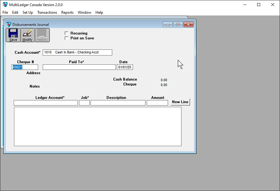 disbursement journal screen