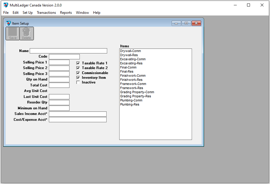item setup screen