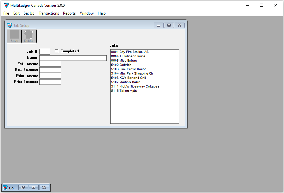 job setup screen