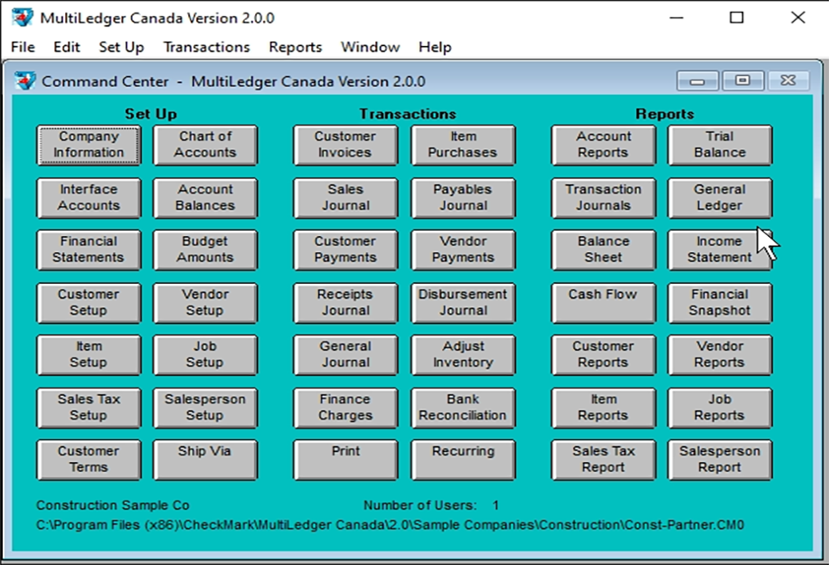 multiledger software dashboard screen