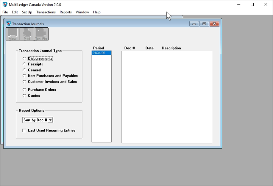 transaction journal screen