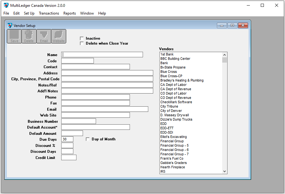 vendor setup screen